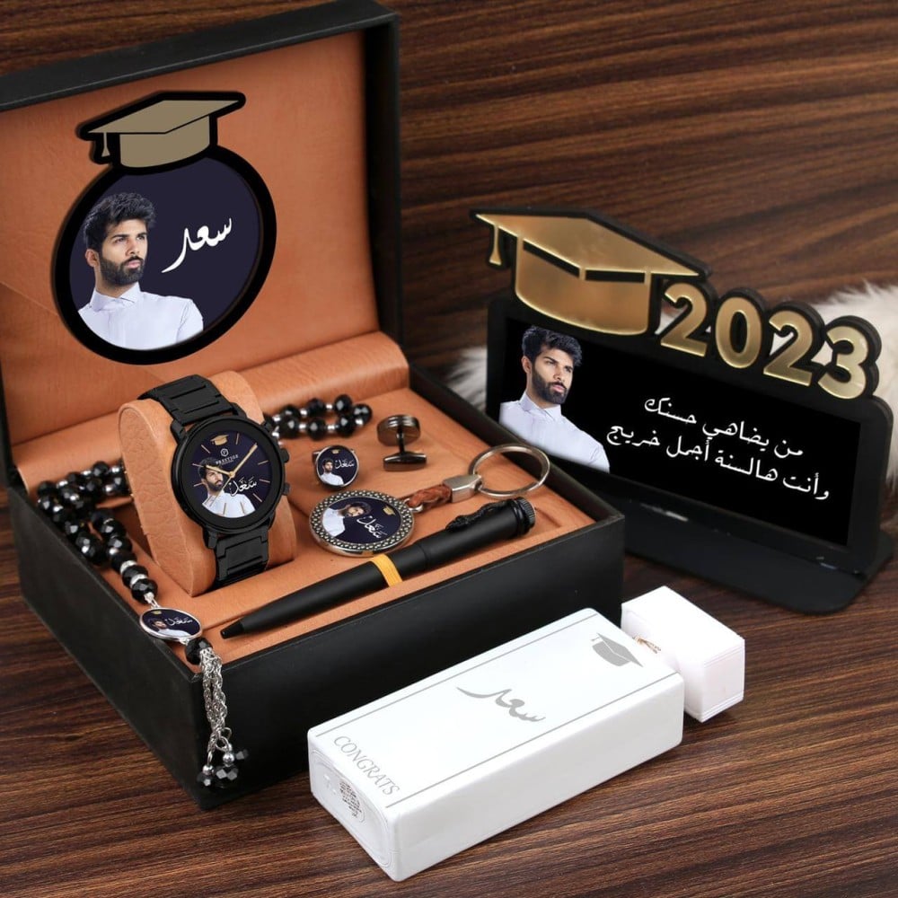 طقم هدايا تخرج رجالي فخم 2026 – ساعة مع قلم وكبك ومسبحه