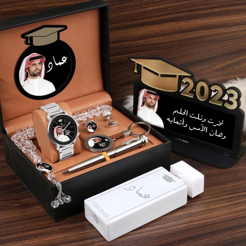 طقم هدايا تخرج رجالي فخم 2026 – ساعة مع قلم وكبك ومسبحه